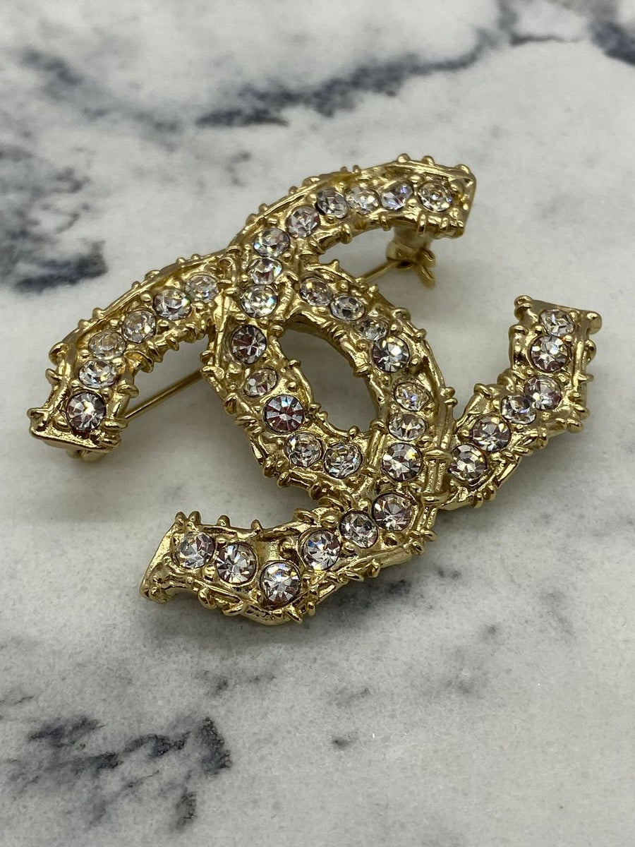 CHANEL CC Rhinestone Trim Brooch Pin - USED