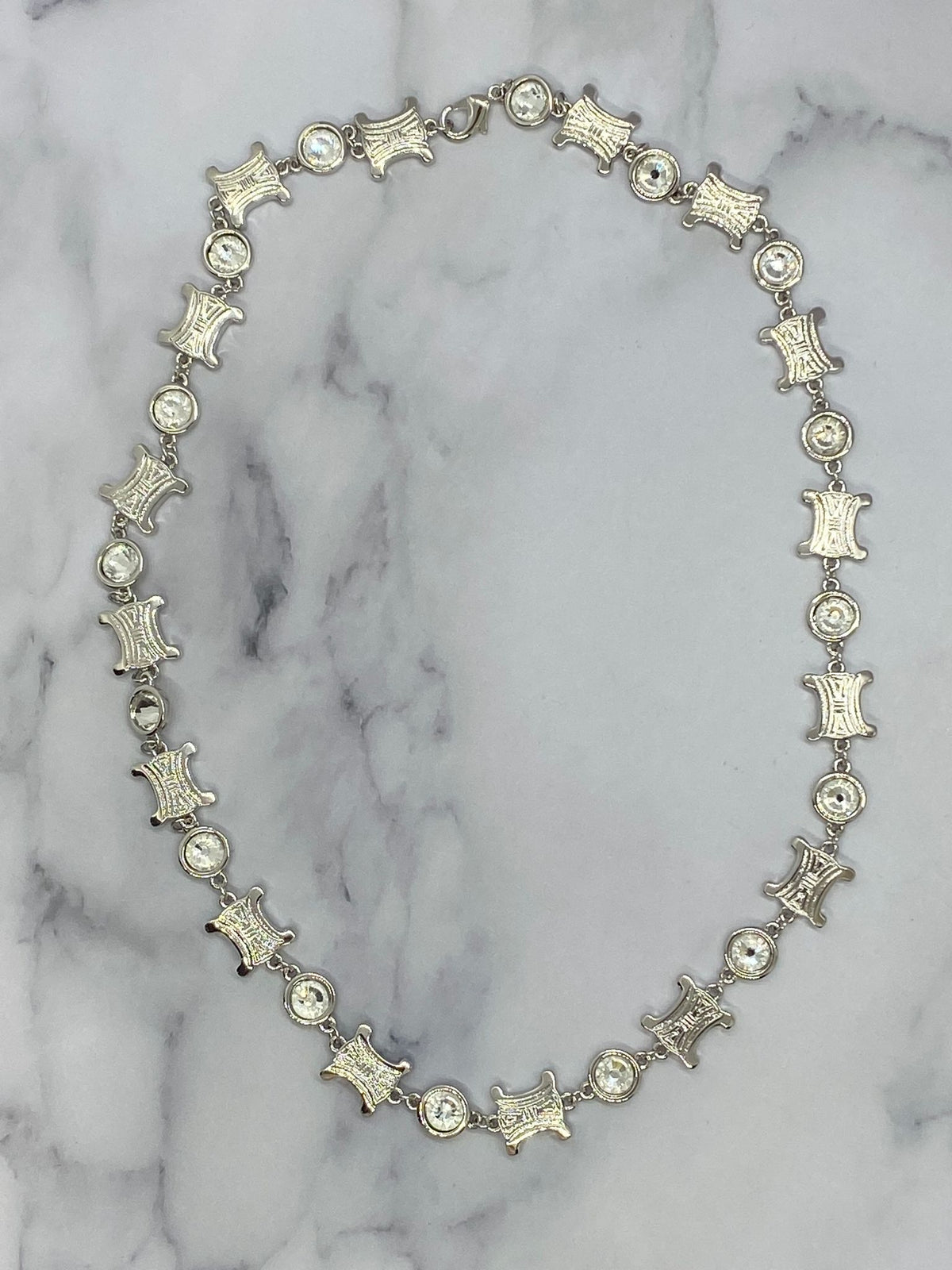 CELINE Silver Tone Monogram Rhinestone Necklace - Pre owned