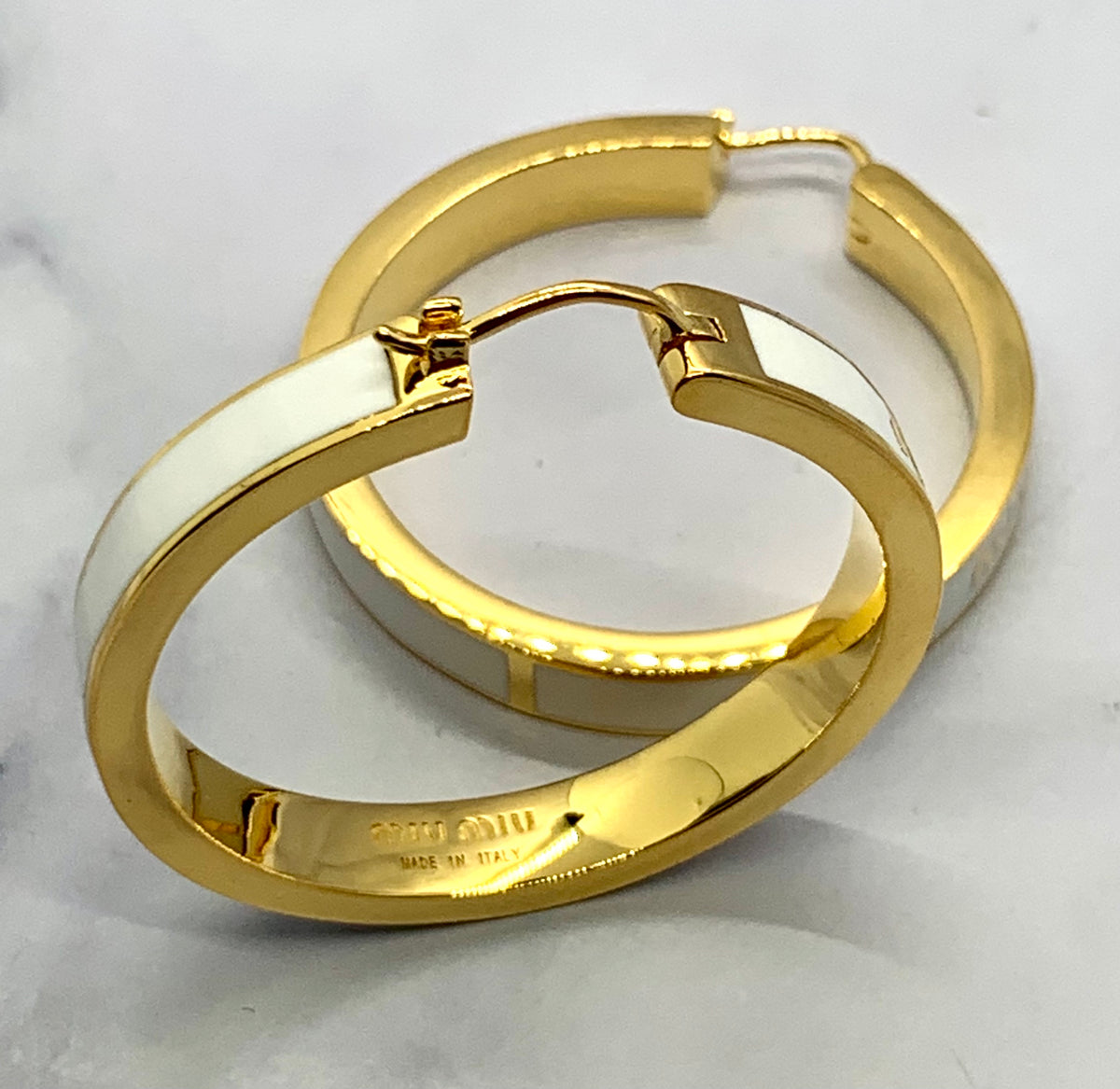 MIU MIU White Striped Gold Tone Hoop Earrings - Pre owned