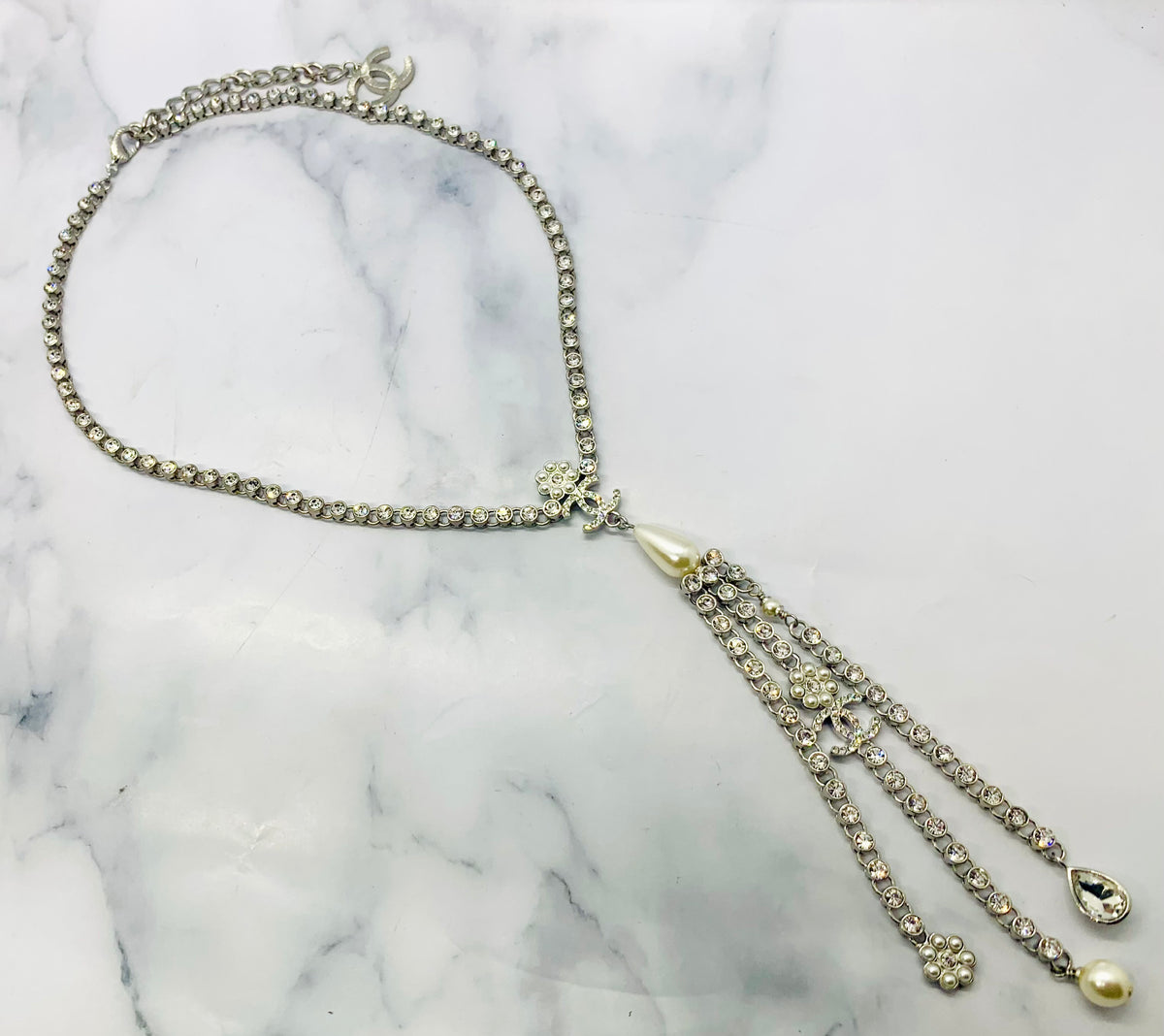CHANEL CC Rhinestone Lariat Statement Necklace - USED