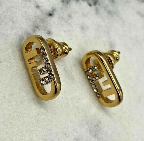 FENDI FF Gold Tone Monogram Rhinestone Earrings - Pre owned