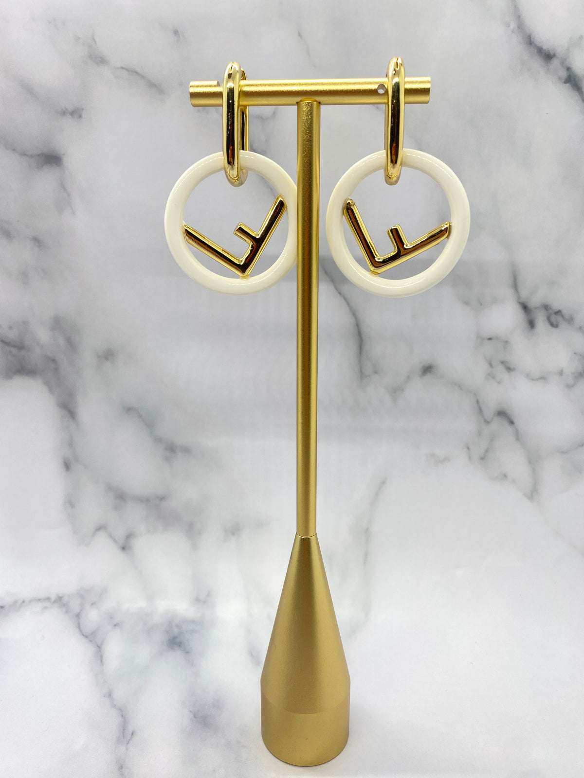 FENDI F White & Gold Hoop Earrings - Pre owned