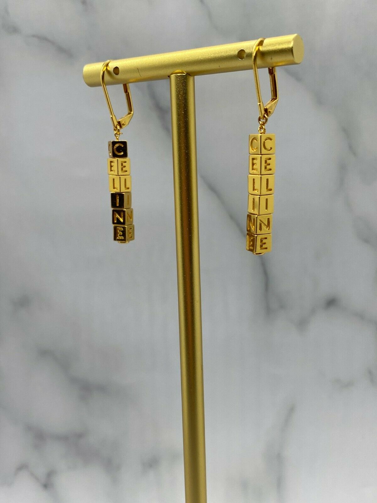 CELINE Gold Tone Block Letter Pendant Earrings - Pre owned