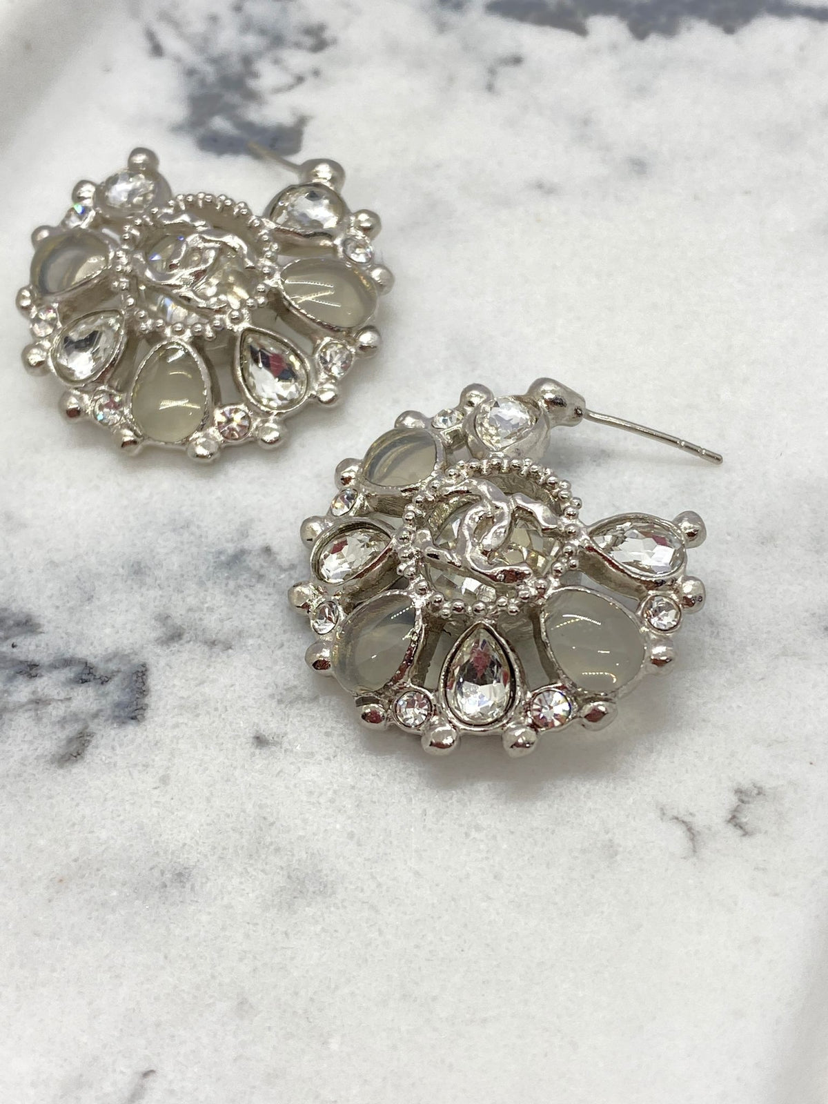 CHANEL  Silver Tone Rhinestone Disc Earrings - Pre owned