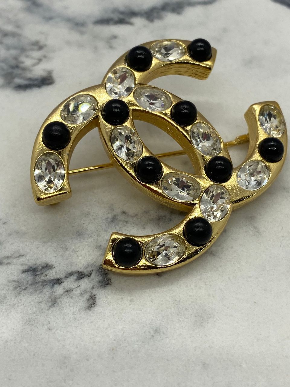 CHANEL CC Gold Tone Rhinestone Brooch Pin - USED