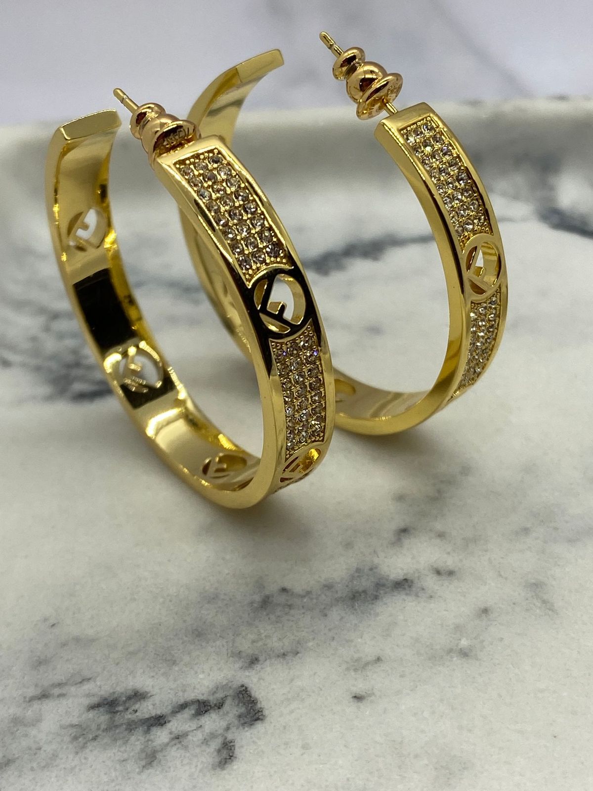 FENDI F Gold Tone Rhinestone Hoop Earrings - Pre owned
