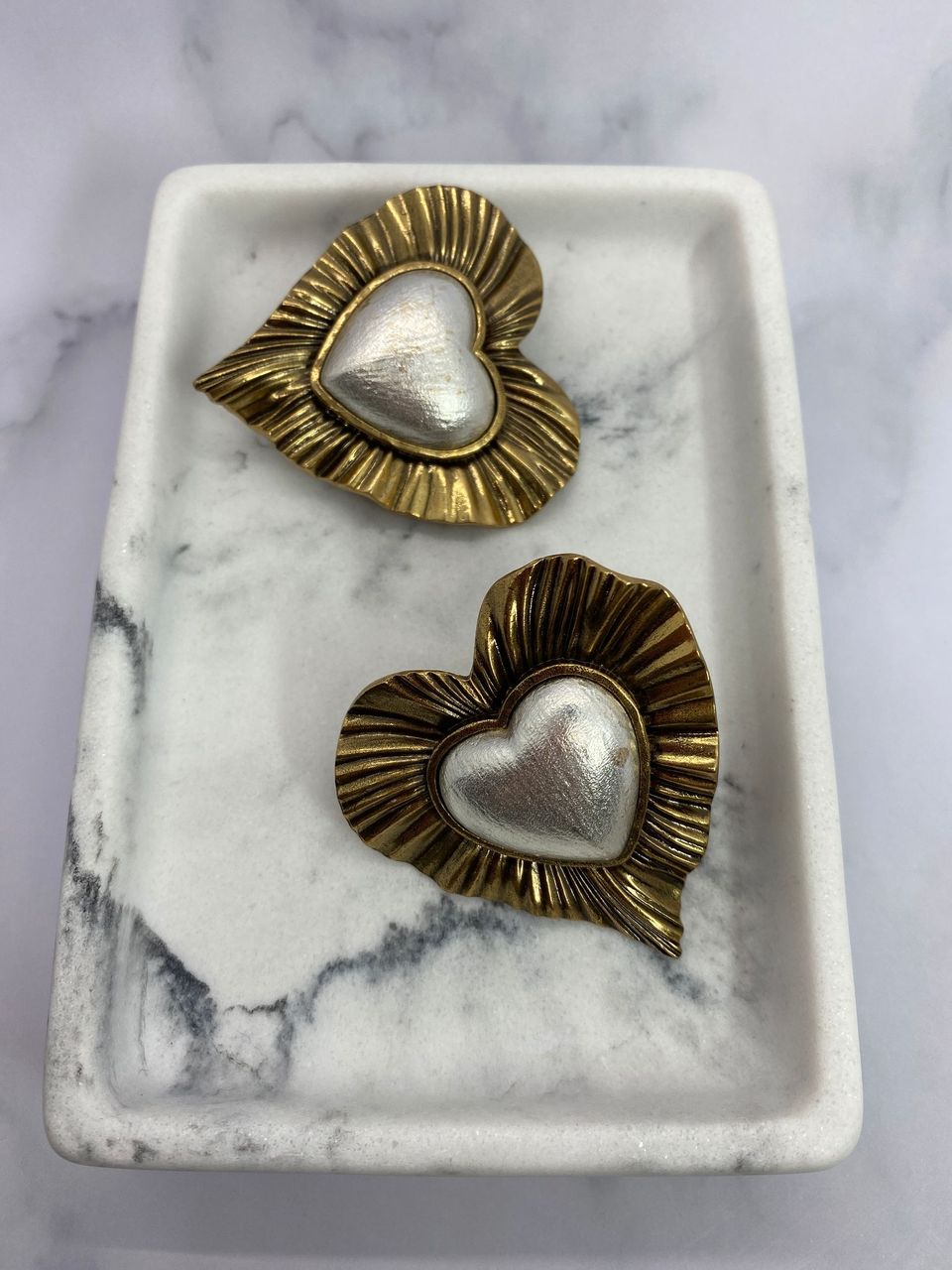 YSL YVES SAINT LAURENT Brass & Silver Heart Earrings - Pre owned