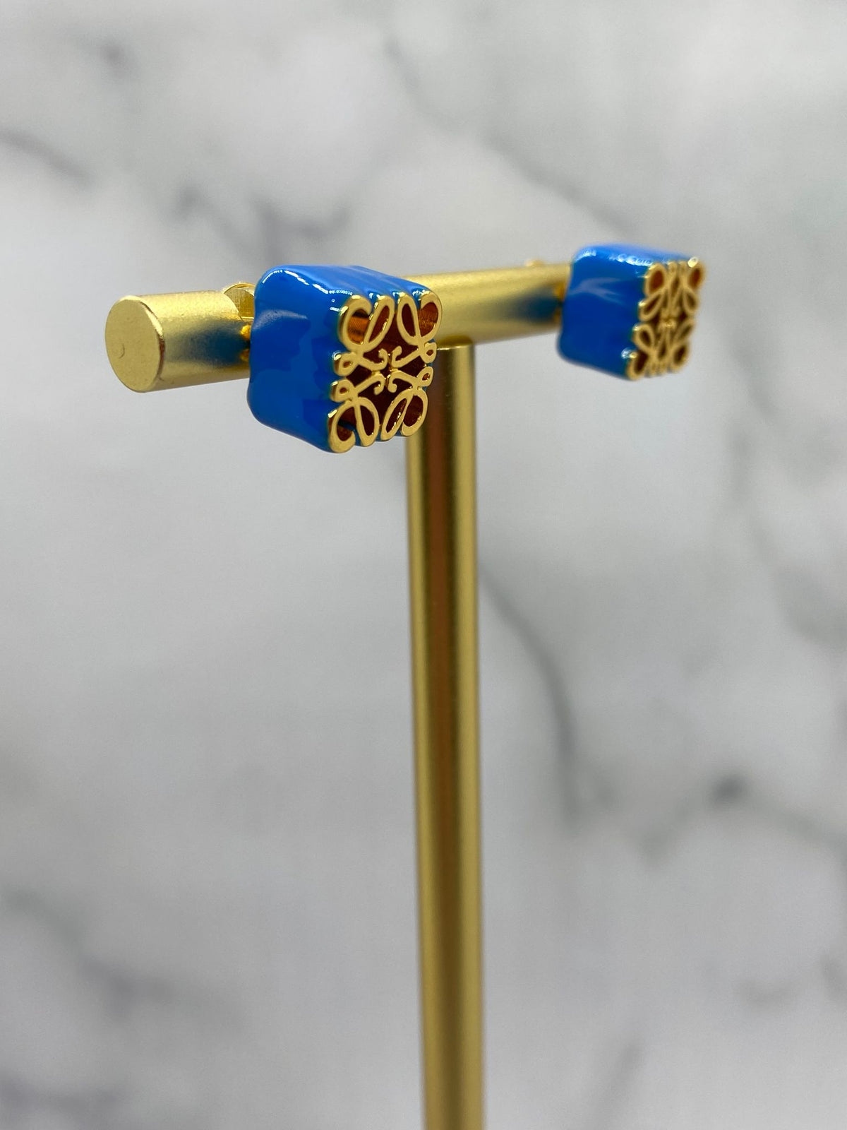 LOEWE Gold Tone & Blue Enamel Monogram Earrings - Pre owned
