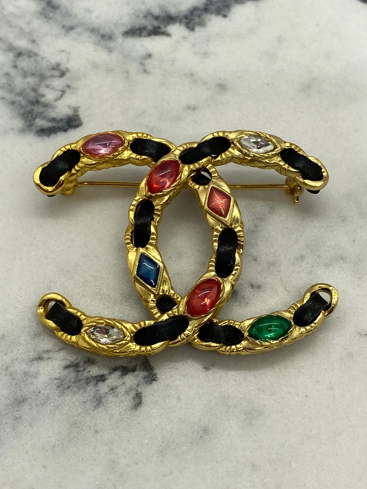 CHANEL CC Leather Trim Rhinestone Brooch - USED