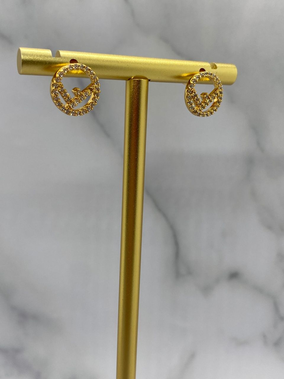 FENDI F Gold Tone White Rhinestone Small Earrings - Pre owned