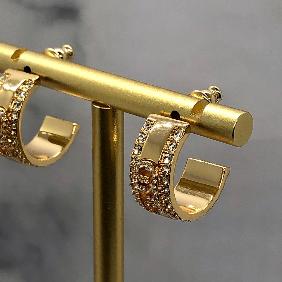 FENDI FF Gold Tone Rhinestone Hoop Earrings - Pre owned
