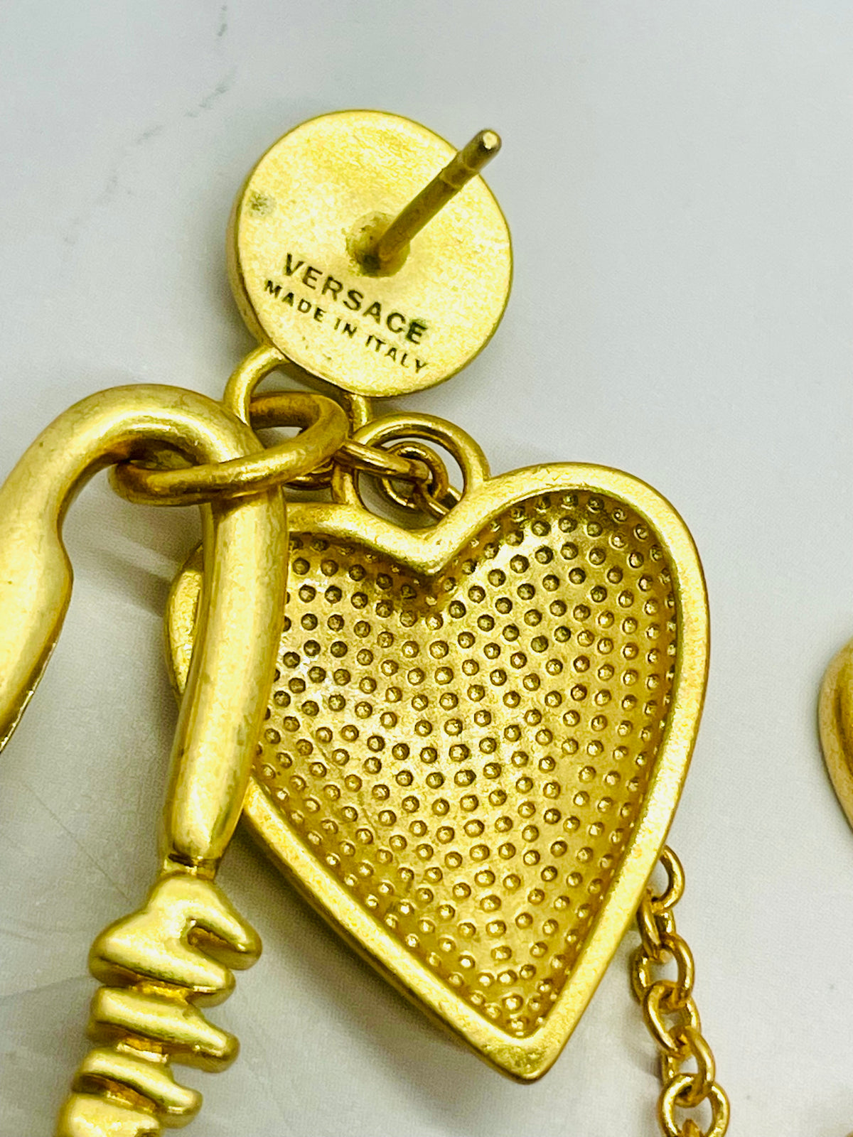 VERSACE Medusa Gold Tone Safety Pin Heart Pendant Earrings - Pre owned