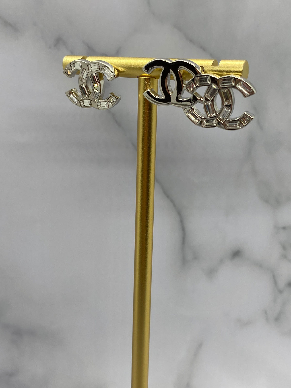 CHANEL CC Silver Tone Rhinestone Duo Earrings - Pre owned