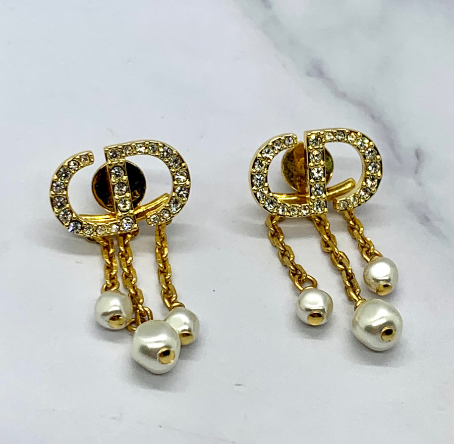 CHRISTIAN DIOR CD Rhinestone Pendant Earrings - Pre owned