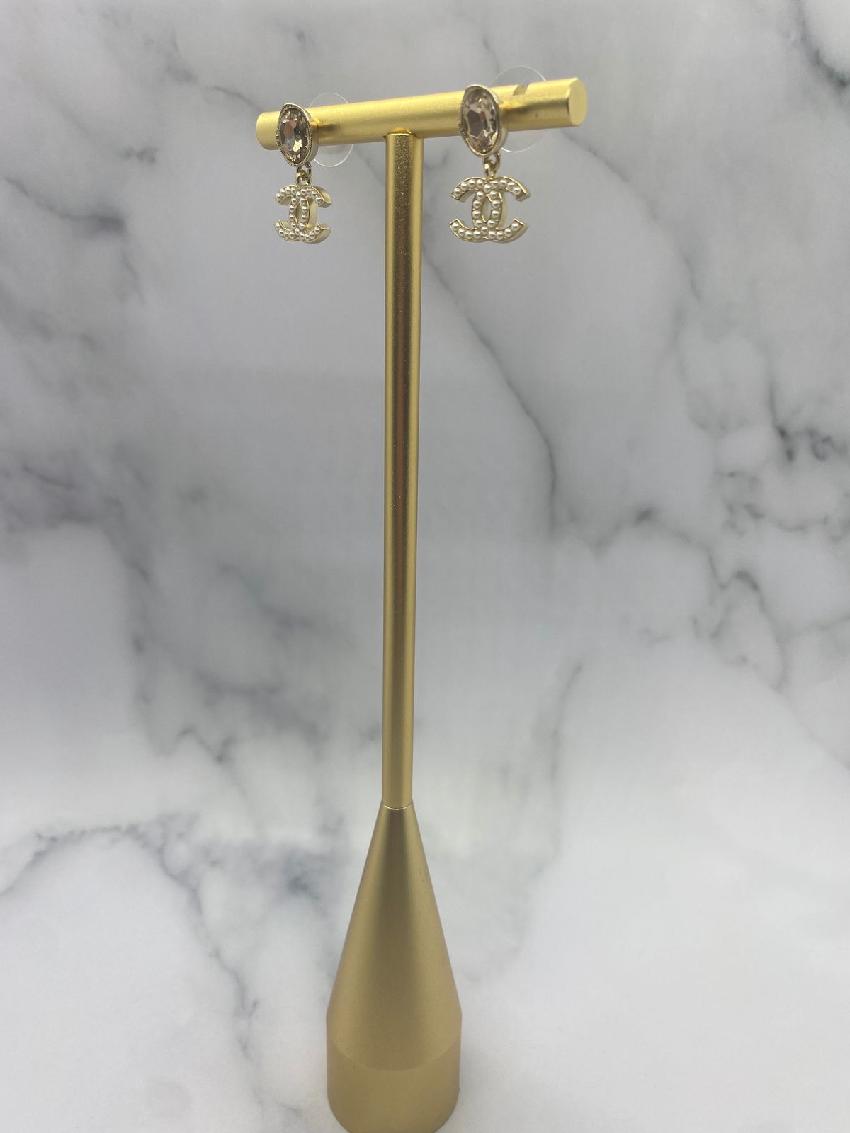 CHANEL CC Gold Tone Rhinestone Pendant Earrings - Pre owned
