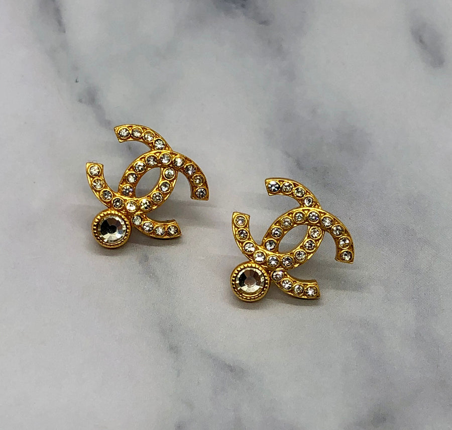 CHANEL CC Gold Tone Rhinestone Earrings - Pre owned