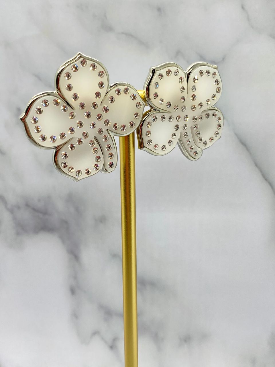 BALENCIAGA White Rhinestone Clover Earrings - USED