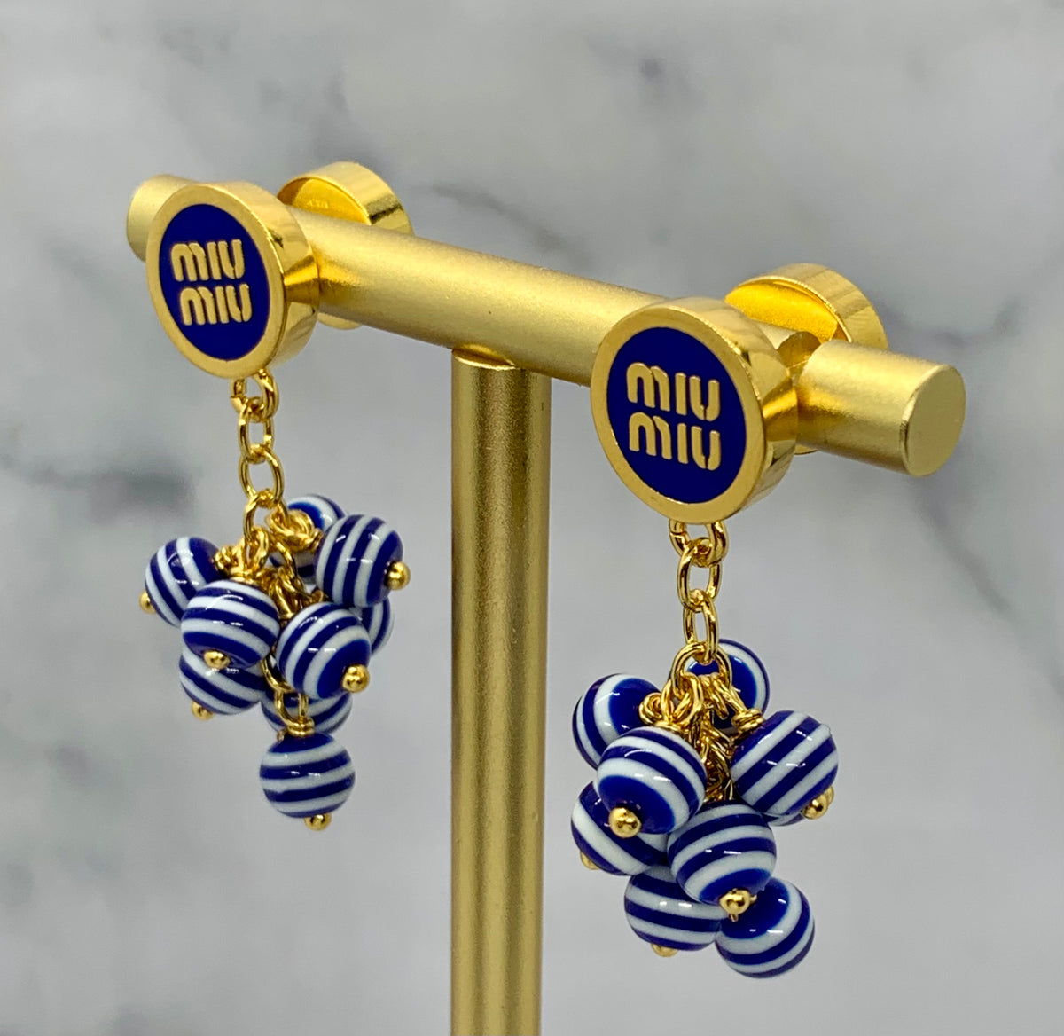 MIU MIU Blue Striped Cluster Pendant Earrings - Pre owned