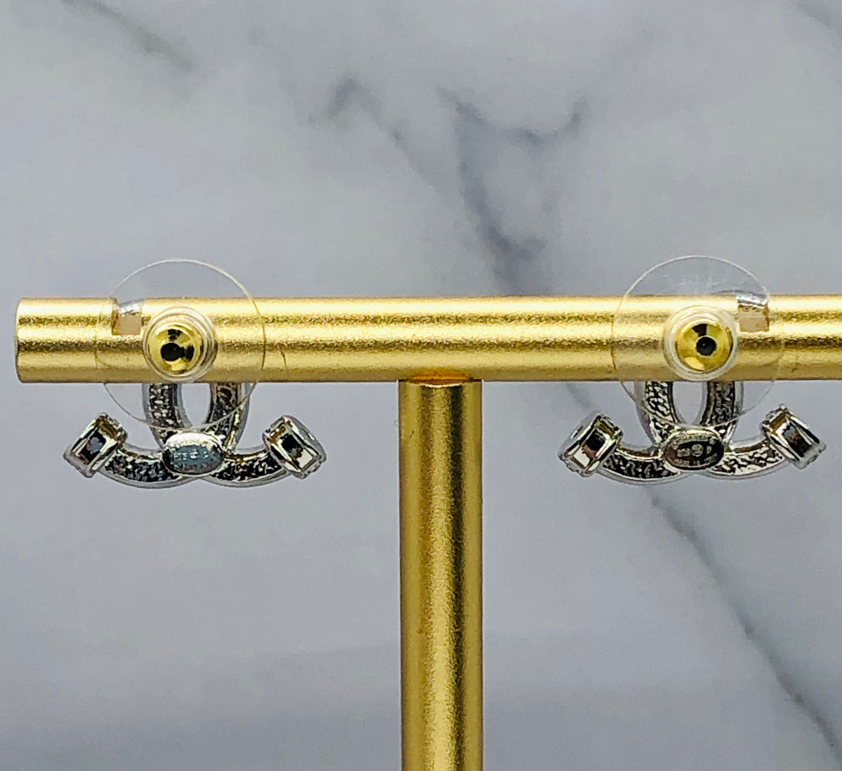CHANEL CC Silver Tone Rhinestone Earrings - Pre owned