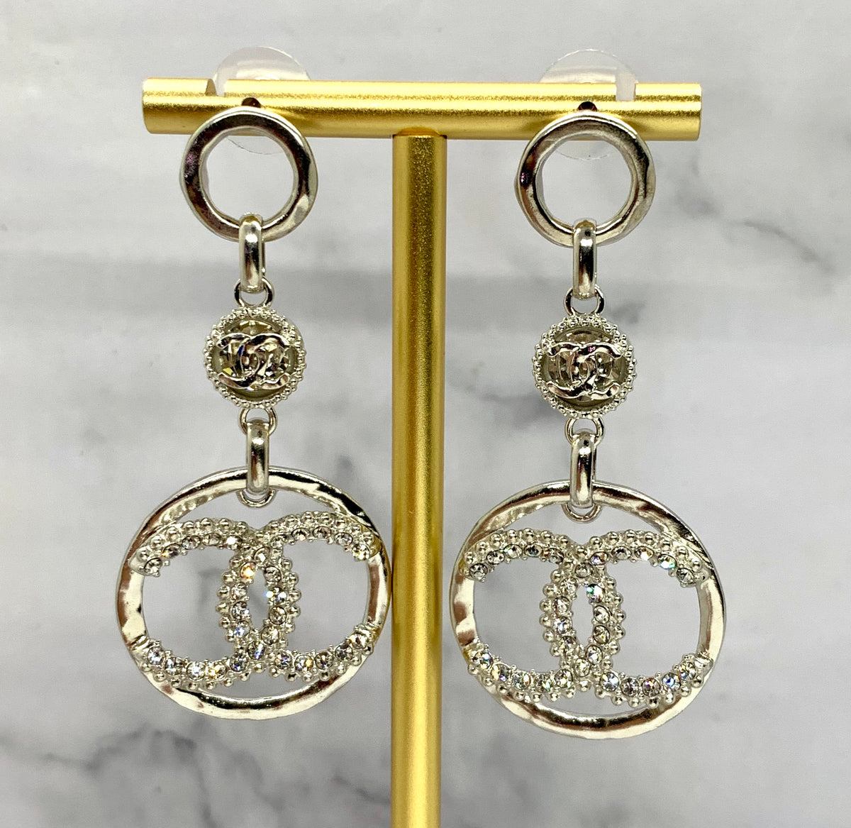 CHANEL CC Silver Rhinestone Earrings - USED