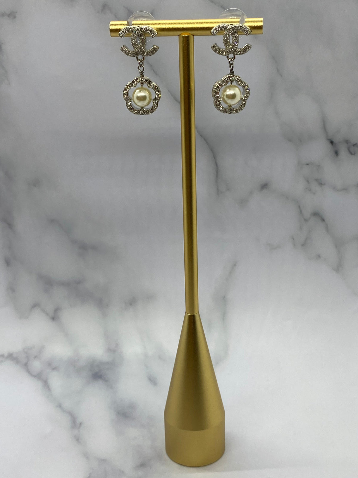 CHANEL CC Silver Tone Pearl Pendant Earrings - USED