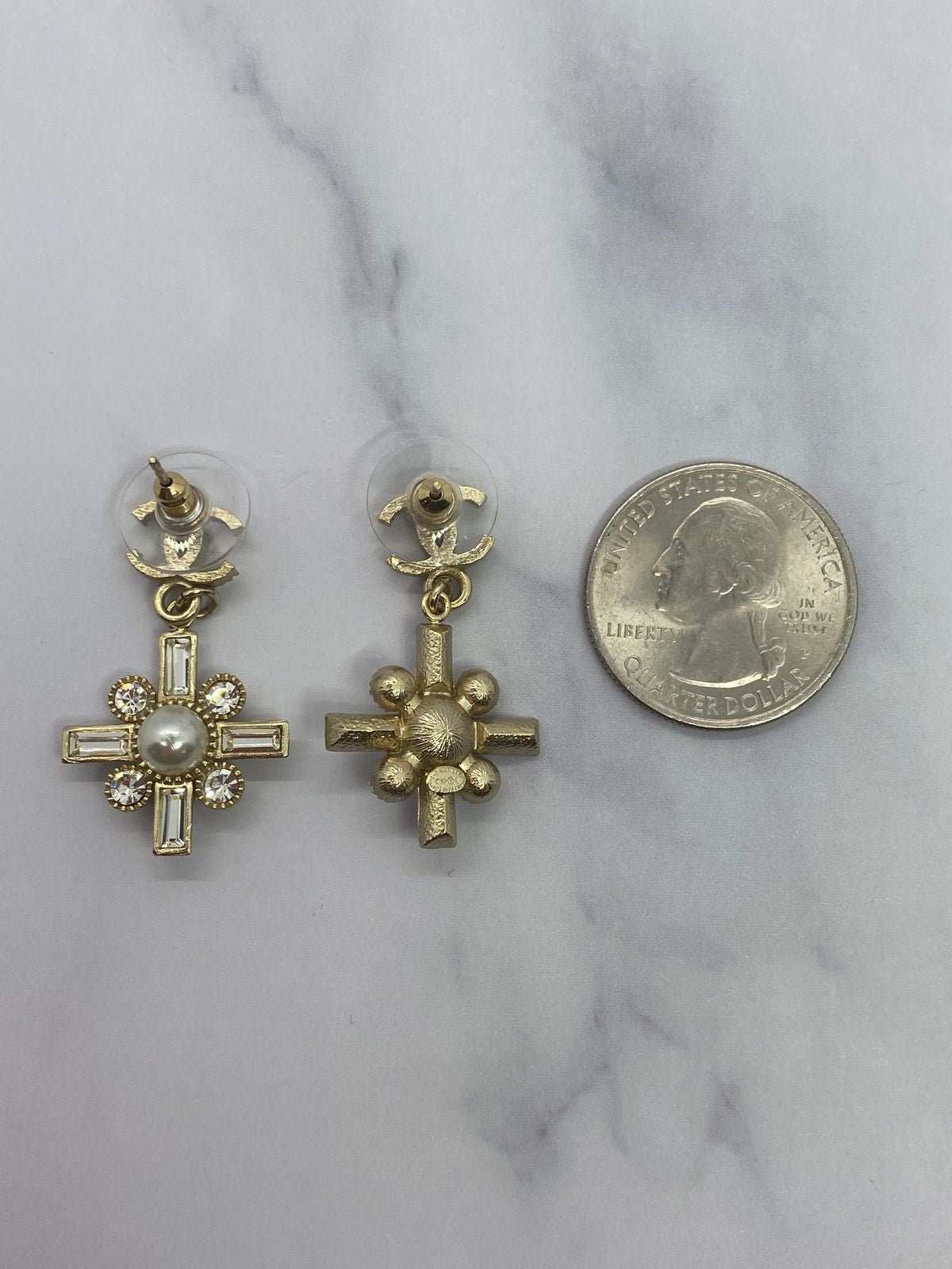 CHANEL Cross Rhinestone Pendant Earrings - Pre owned