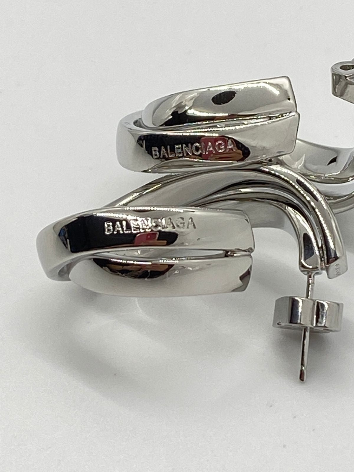 BALENCIAGA BB Silver Tone Noodle Hoop Earrings - Pre owned