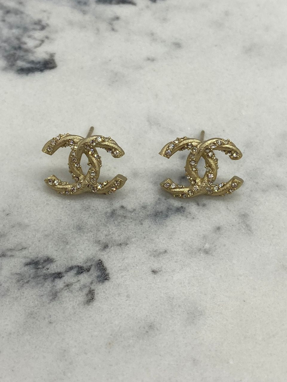 CHANEL CC Gold Tone Rhinestone Earrings - DAMAGED