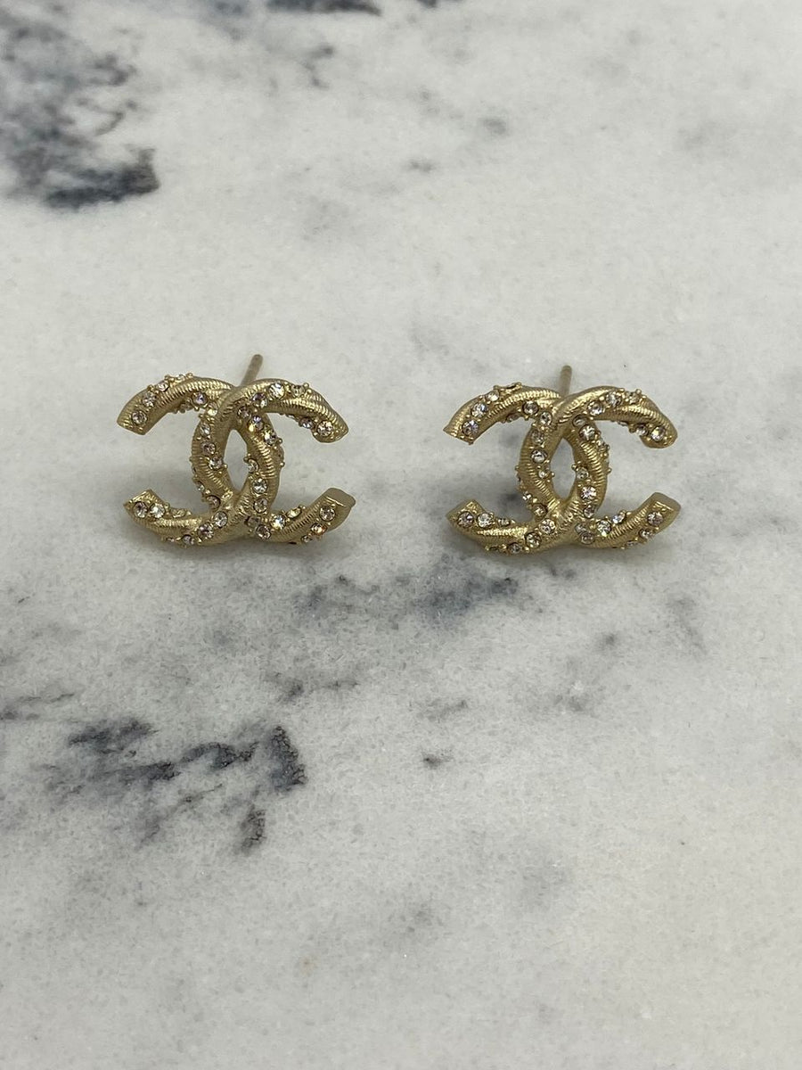 CHANEL CC Gold Tone Rhinestone Earrings - DAMAGED