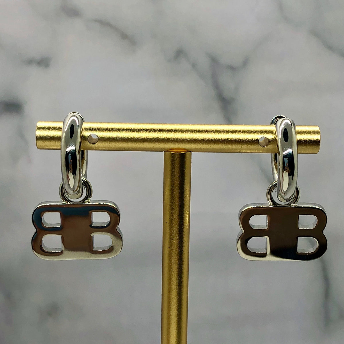BALENCIAGA BB Silver Tone Rhinestone Earrings - Pre owned