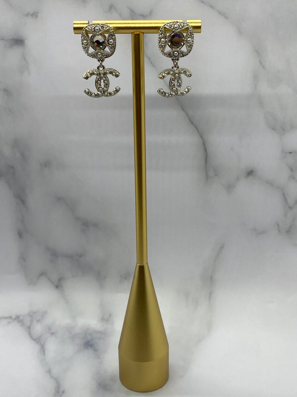 CHANEL CC Silver Tone Pendant Earrings - USED