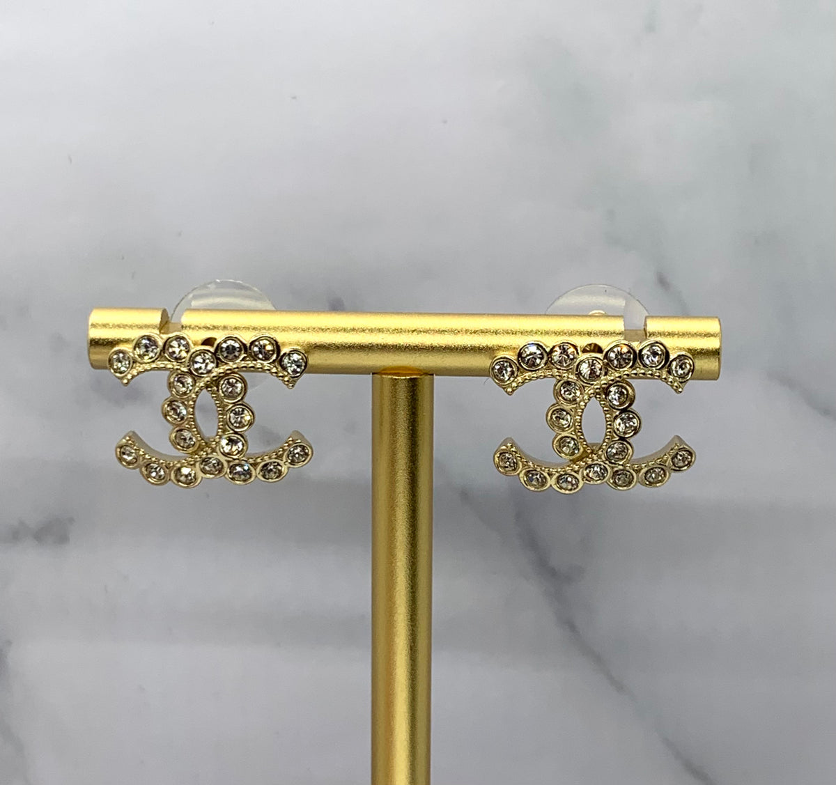 CHANEL CC Light Gold Tone Rhinestone Earrings - Pre owned