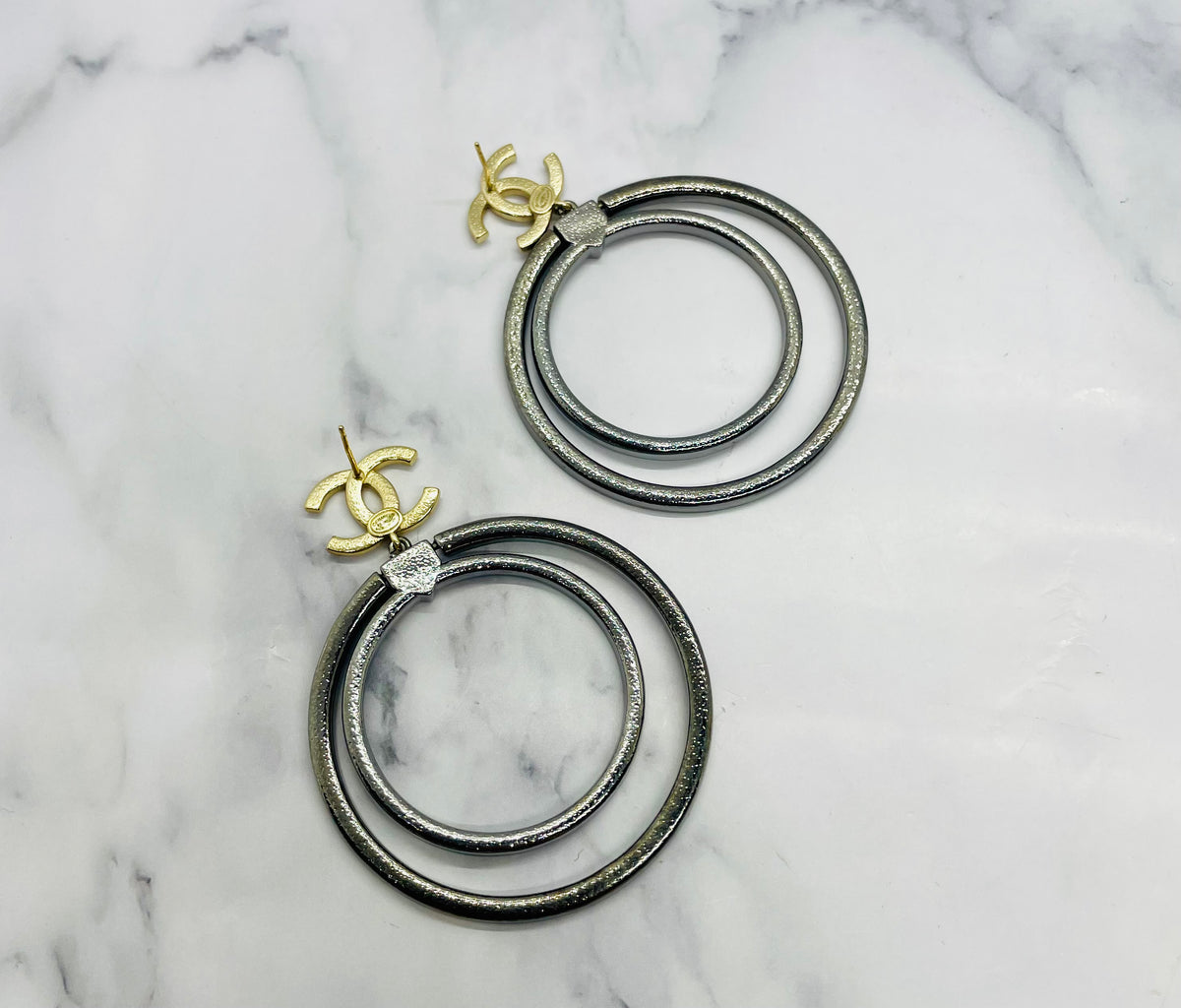 CHANEL CC Double Hoop Rhinestone Earrings - Pre owned