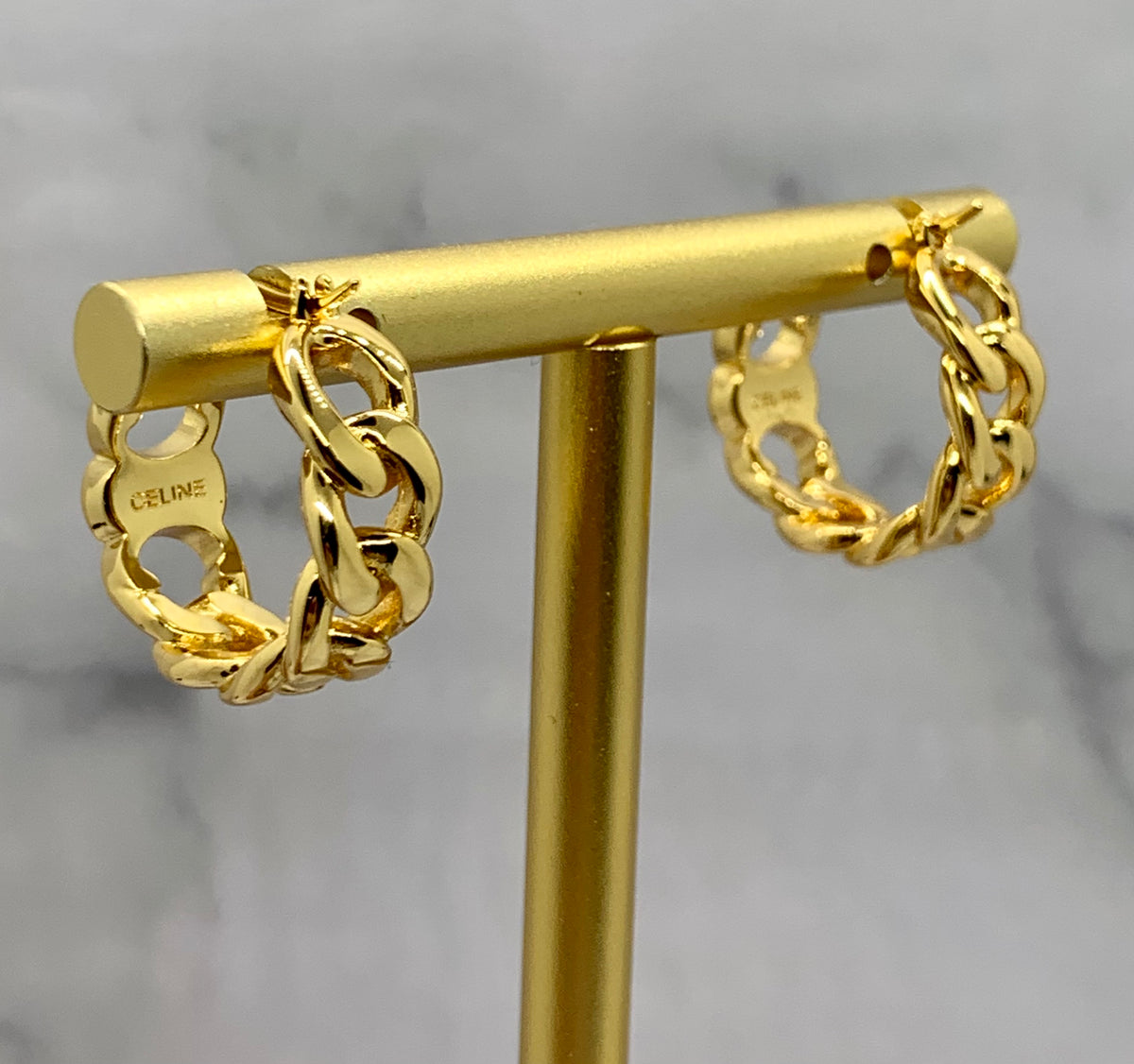 CELINE Gold Tone Hoop Monogram Earrings - Pre owned