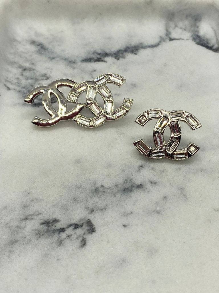 CHANEL CC Silver Tone Rhinestone Duo Earrings - Pre owned