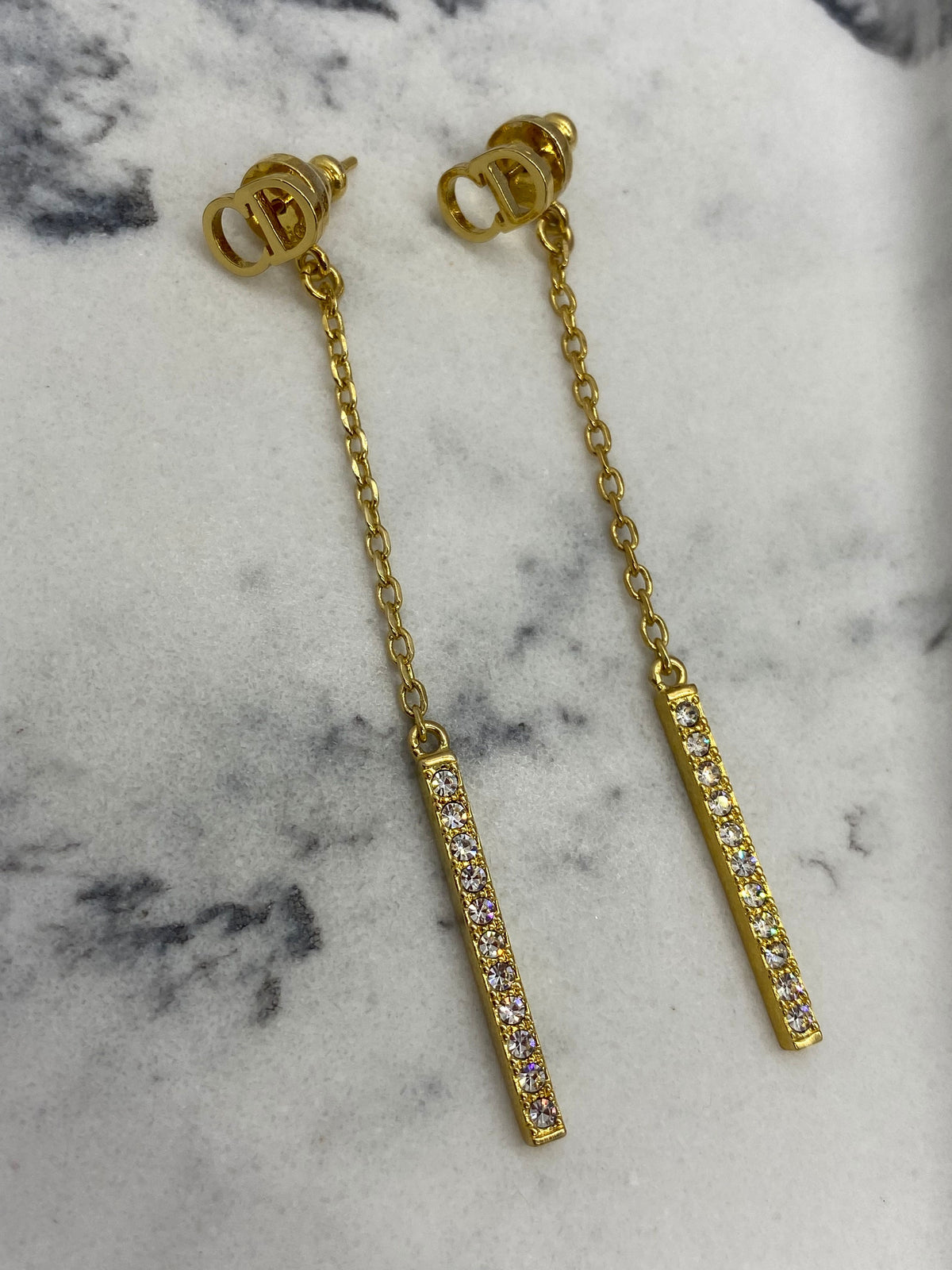 CHRISTIAN DIOR CD Gold Tone Pendant Rhinestone Earrings - USED