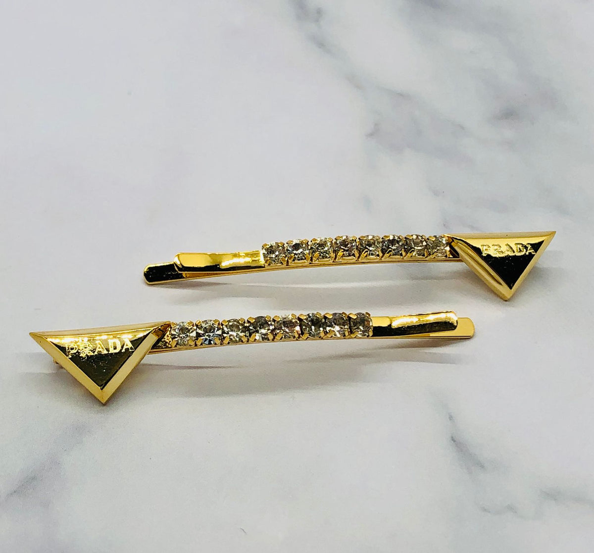 PRADA Gold Tone Rhinestone Hair Clip Barrette Set - Pre owned