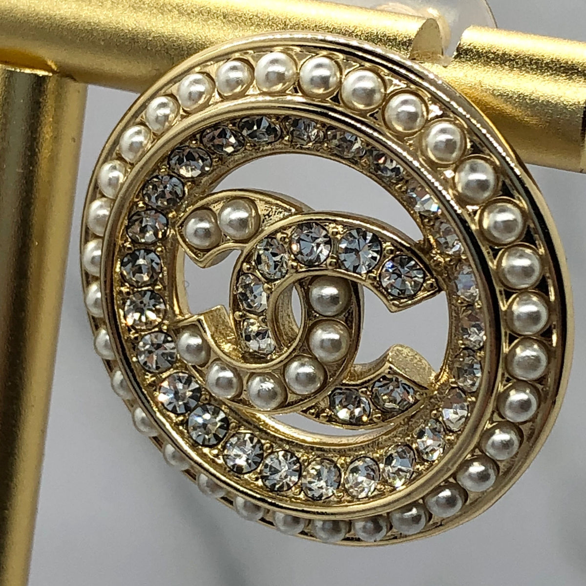 CHANEL CC Gold Tone Rhinestone Circle Earrings - Pre owned