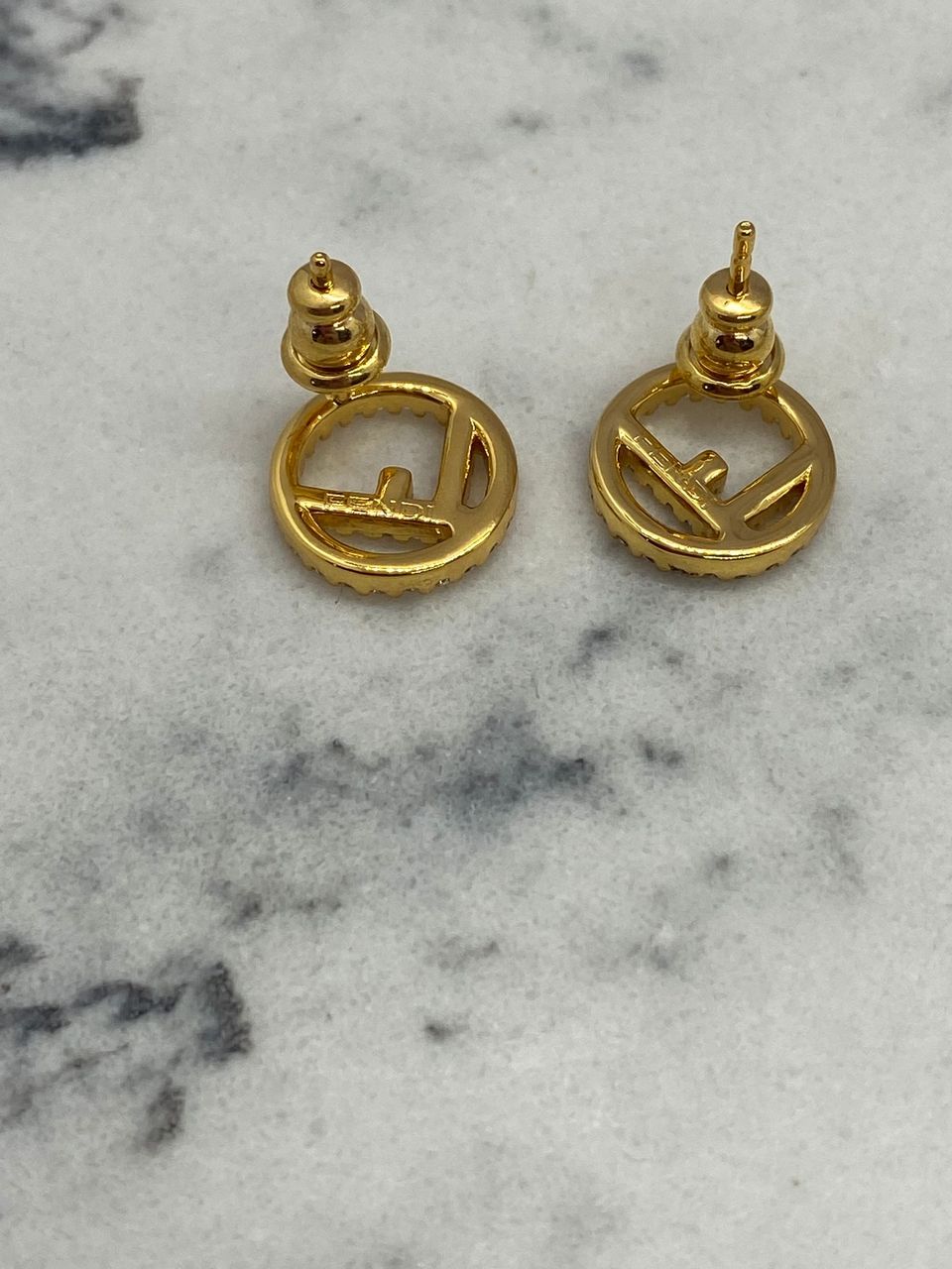 FENDI F Gold Tone White Rhinestone Small Earrings - Pre owned