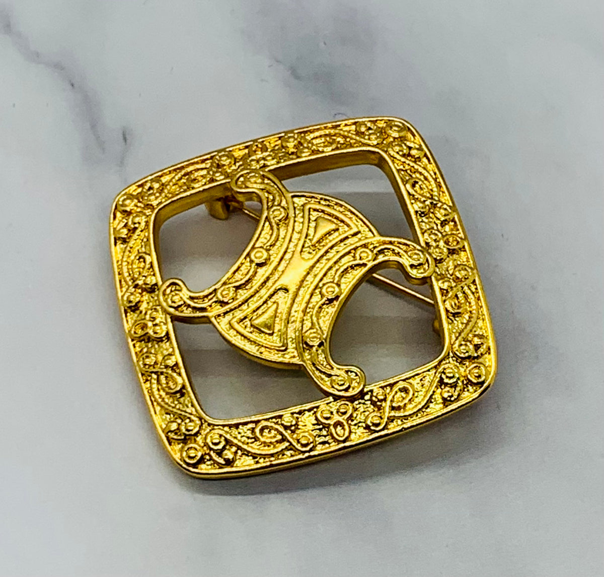 CELINE Classsic Monogram Gold Tone Brooch Pin - Pre owned