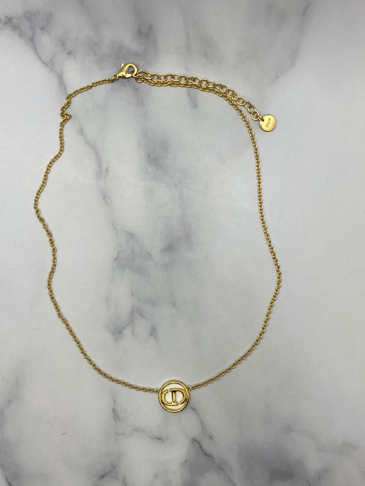 CHRISTIAN DIOR CD Gold Tone White Logo Chain Necklace - USED