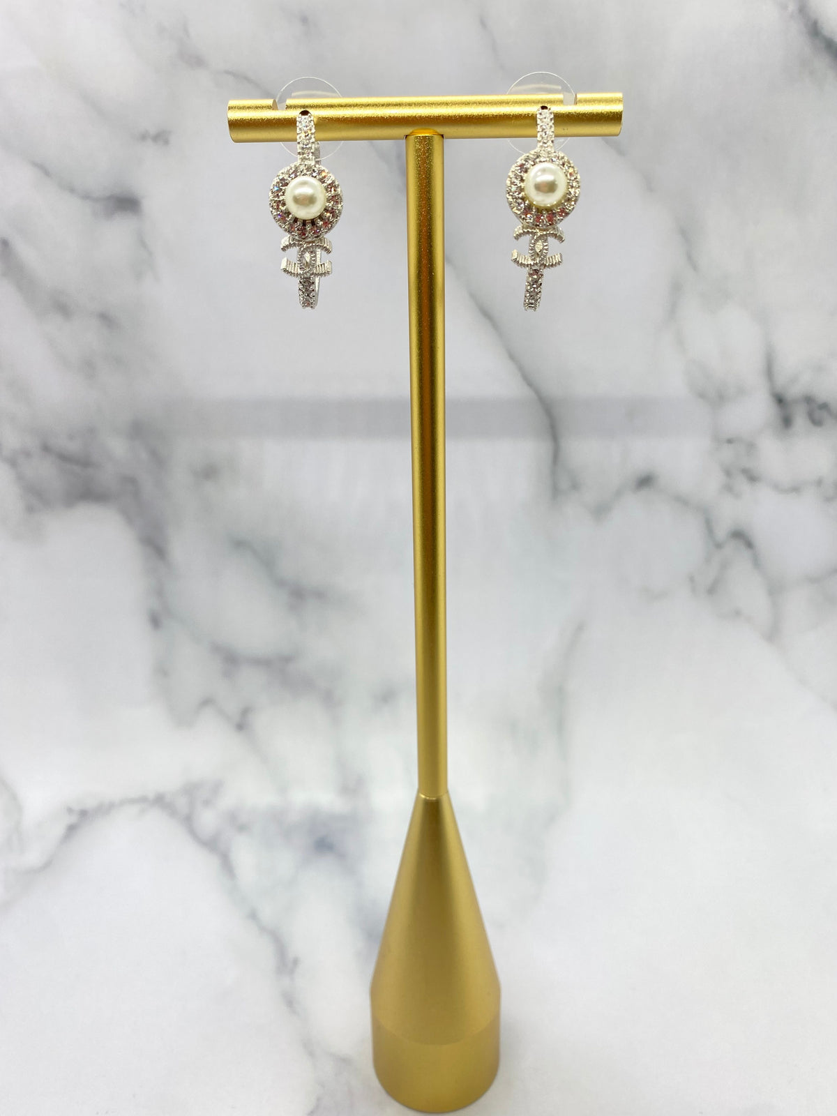 CHANEL CC Silver Tone Pearl Hoop Earrings - USED