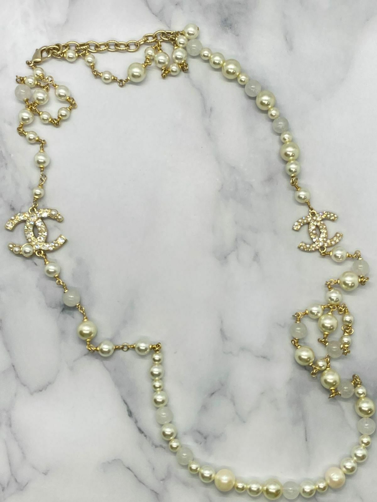 CHANEL CC Pearl Trim Rhinestone Wrap Necklace - USED