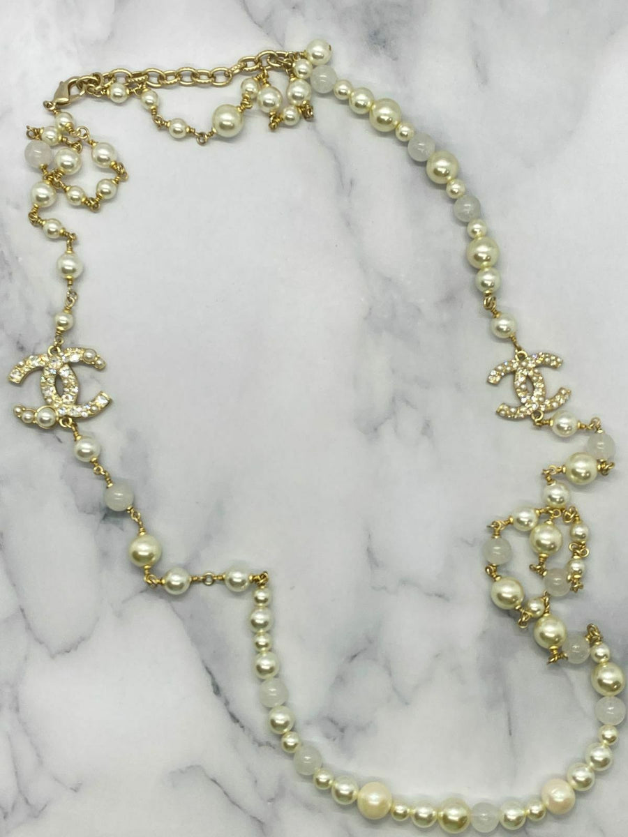 CHANEL CC Pearl Trim Rhinestone Wrap Necklace - USED