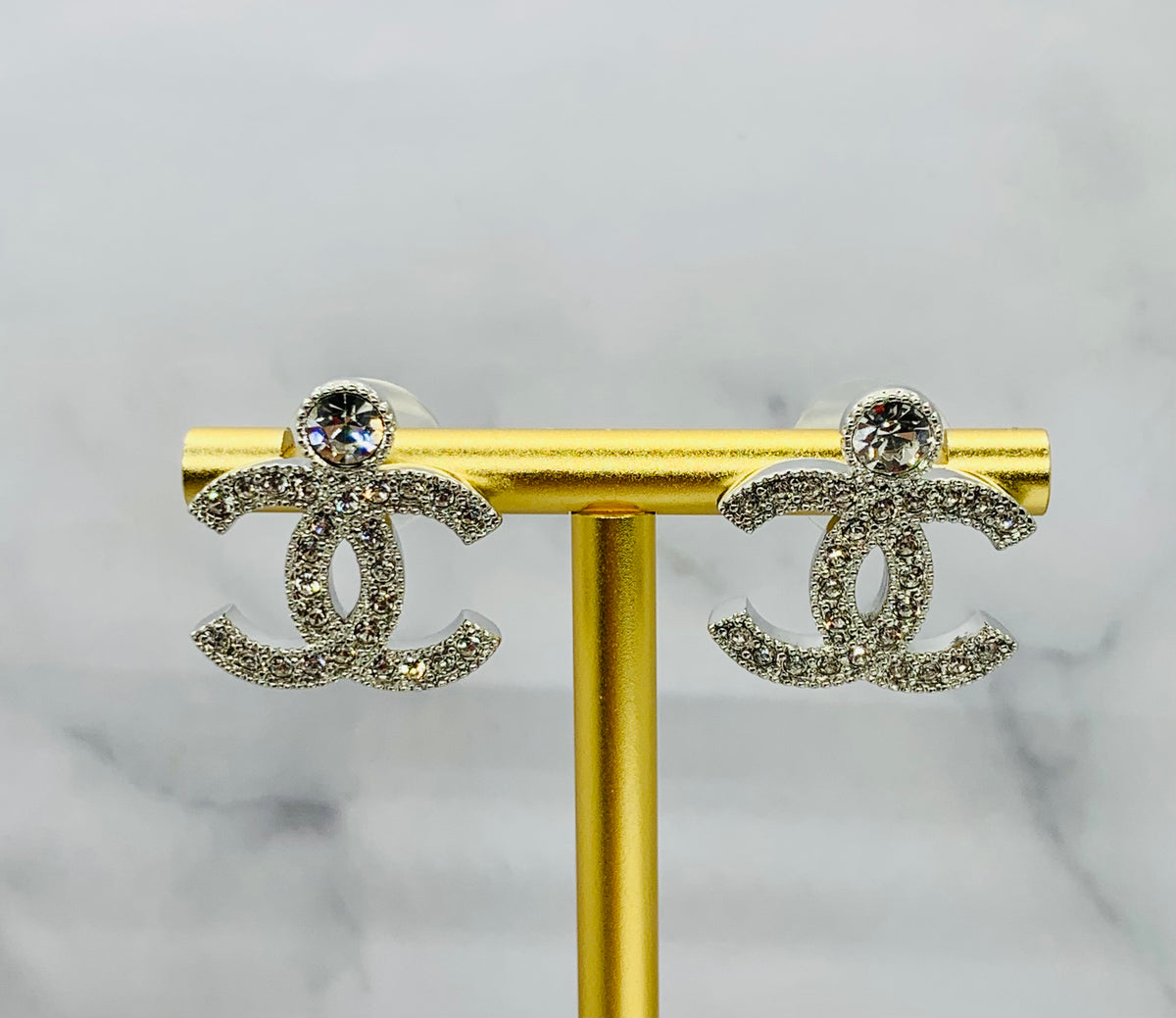 CHANEL CC Silver Tone Rhinestone Earrings - USED