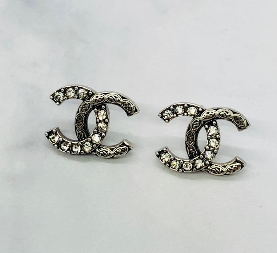 CHANEL CC Dark Silver Rhinestone Earrings - USED