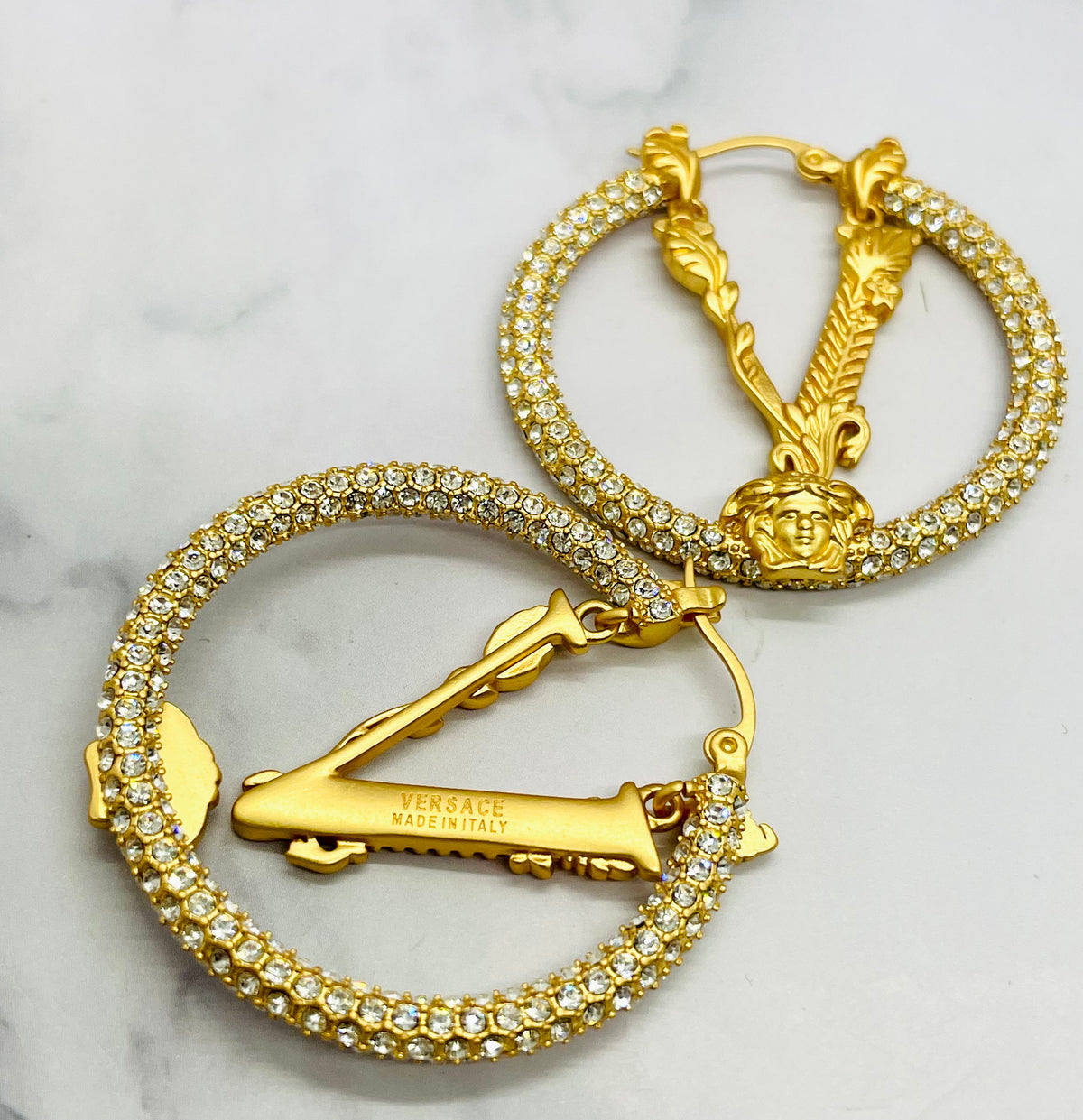 VERSACE V Rhinestone Hoop Earrings - Pre owned