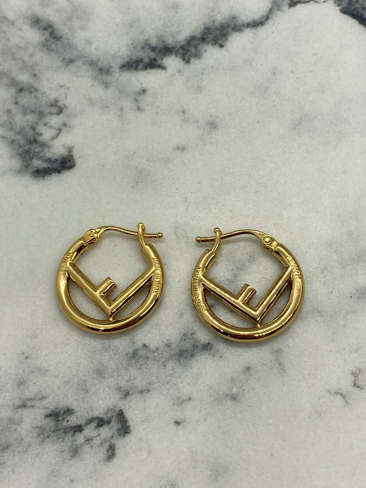 FENDI F Gold Tone Rhinestone Hoop Earrings - Pre owned