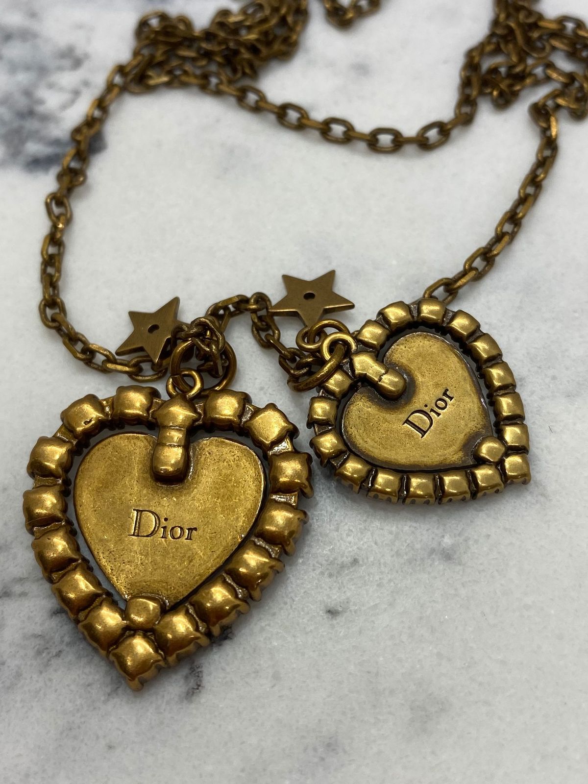 CHRISTIAN DIOR J'Adior Brass Tone Rhinestone Hearts Necklace - Pre owned