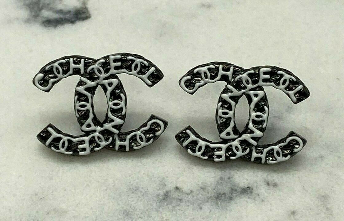 CHANEL CC Black & White Monogram Earrings - Pre Owned